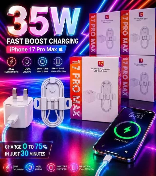 17 PRO MAX 3 PIN 35W Dual USB-C Fast Charger Kit Compatible with iPhone 17 Pro Max 16 15 Plus | Ultra-Fast Compact Power Adapter & Wrapped Type-C to C Charging Cable Set | Heavy-Duty Multi-Po