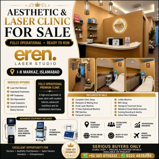 Running Aesthetic & Laser Clinic for Sale in islamabad/Clinic for sale