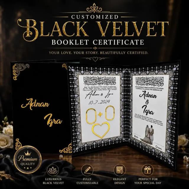 Customized Black Velvet Nikah Certificate Booklet – Personalized Wedding Keepsake