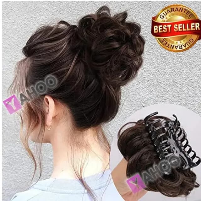 Messy Curly Hair Bun Clip-In Hair Extensions for Women (Brown) - Natural Looking Wavy Synthetic Hairpieces