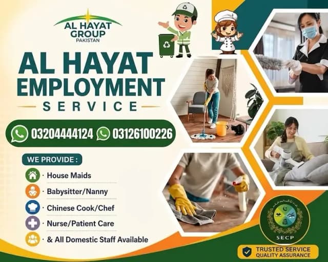Maid Service Lahore ,maid available, Cook, Nanny, Driver, Patient care