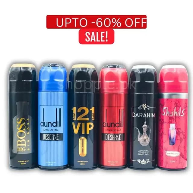 6-Pack Body Spray Set: 200ml Bottles of BigBoss Black, Dundill Blue, One2One Vip, Dundill Red, Darahim, and Shahils Freshrite for Unisex Use
