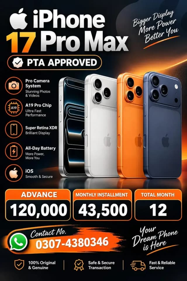 Apple iPhone 17 Pro Max Pta Approve On Easy Monthly Installment