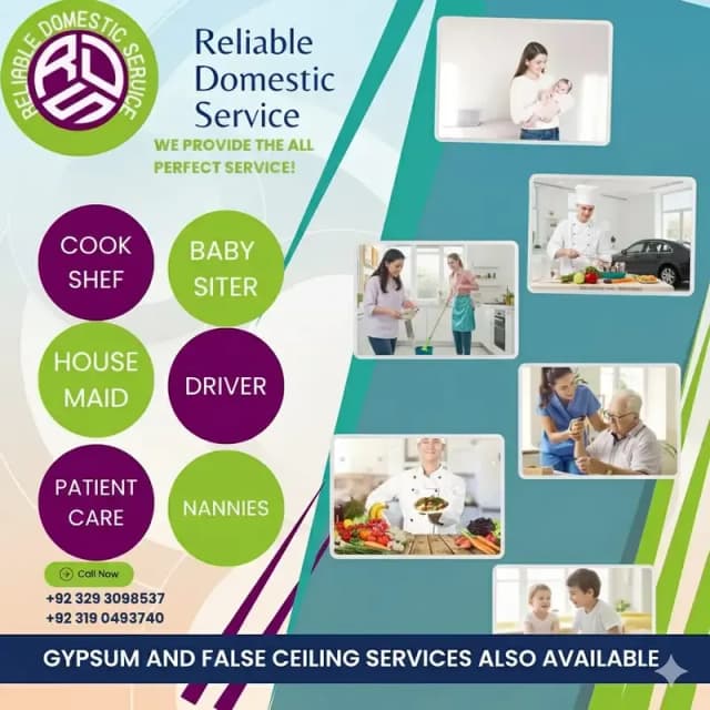 House Maid in Karachi, Cook ,Drivers ,Chef ,Couple all Domestic staff