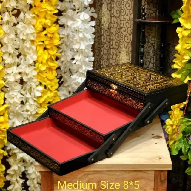 Naqshi Art Wooden Jewelry Box - 3 Steps Organizer for Girls and Women, Medium Size (8" x 5")