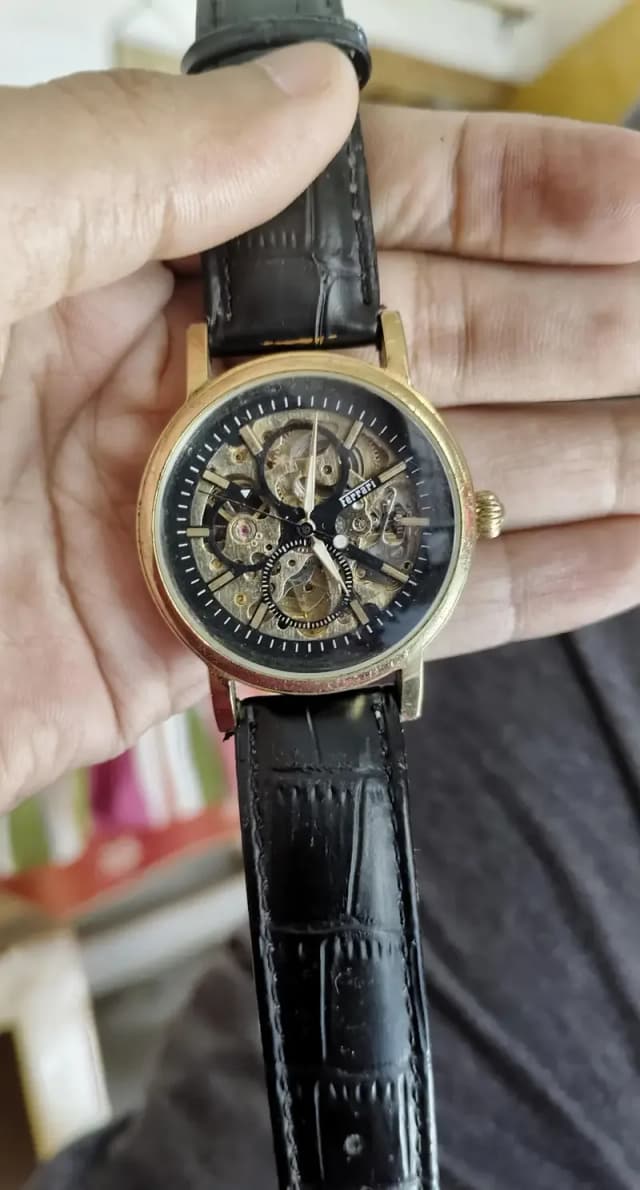 Ferrari Automatic Skeleton Watch with Black Leather Strap