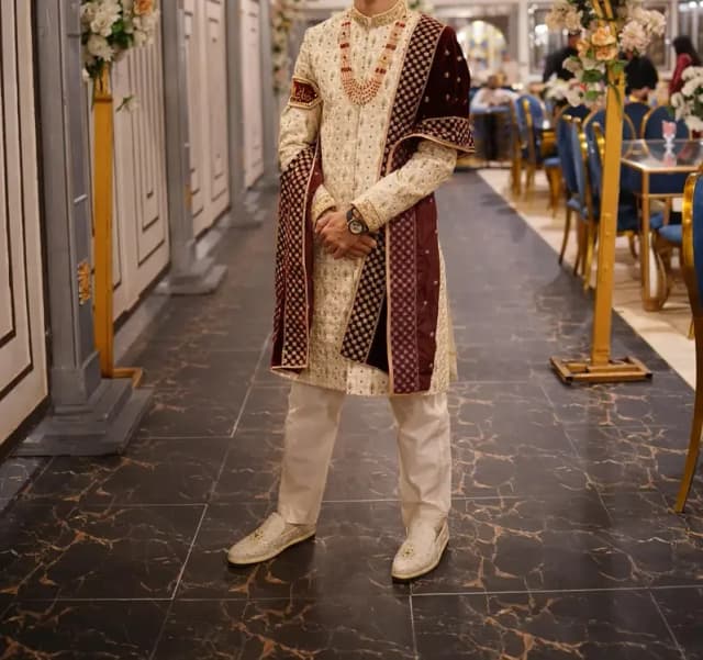 Groom sherwani dress off-white heavy embroidery with shawl