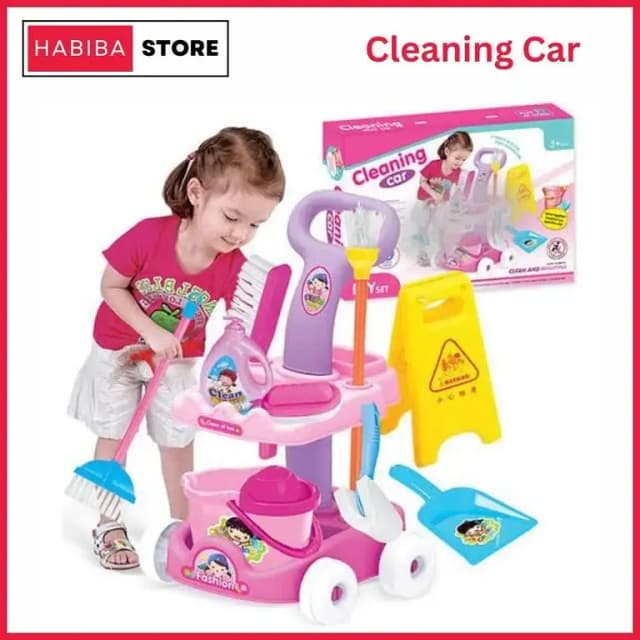 Kids Cleaning Car Trolley Play Set – Pretend Play Cleaning Cart Toy with Accessories, Educational Role Play Set for Boys & Girls