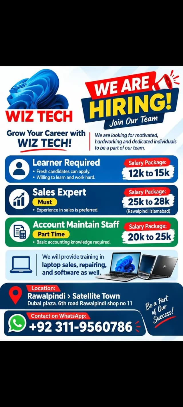 WIZ TECH Hiring – Learner, Sales Expert & Account Staff Required