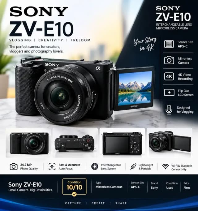 Sony ZV-E10 Mirrorless Camera | APS-C | 4K Vlogging Camera | 10/10