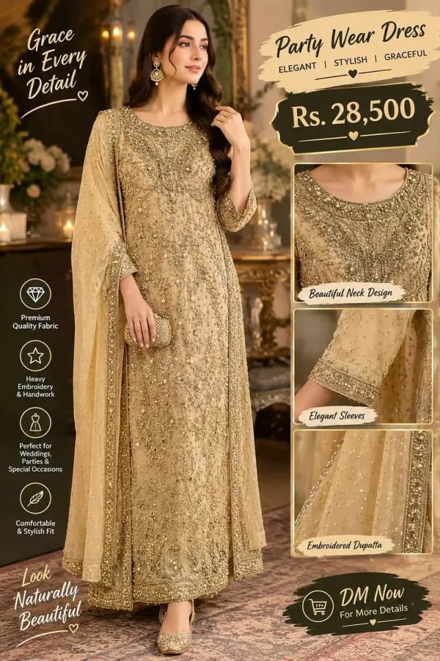 *Heavy Embroidered Gold Formal Dress | Luxury Party Wear |*