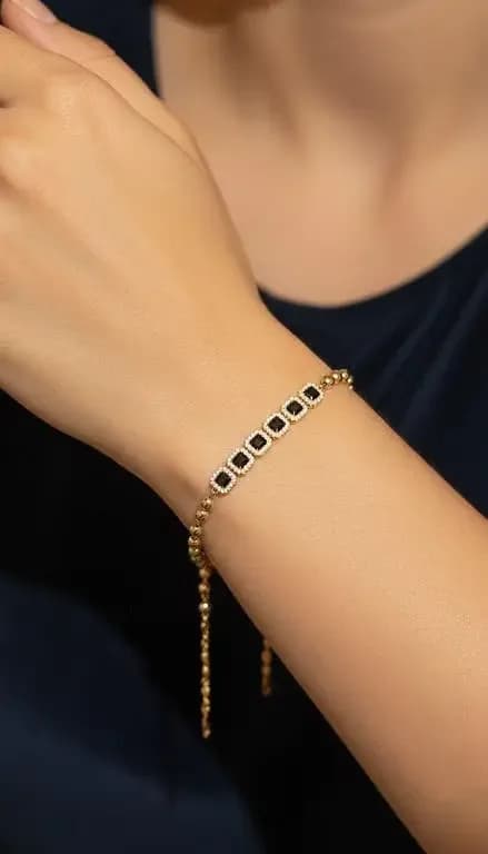 18K Gold Plated Onyx Black Square Station Bracelet with Crystal Accents