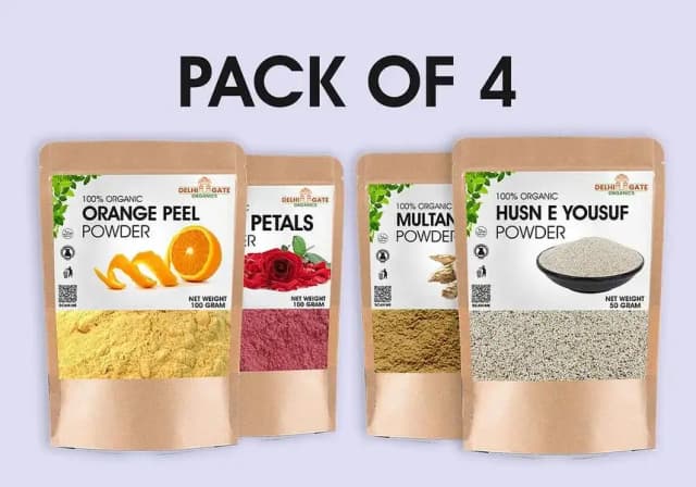 Set of 4 Organic Powders: Multani Mitti, Rose Flower, Orange Peel, and Husn e Yousuf