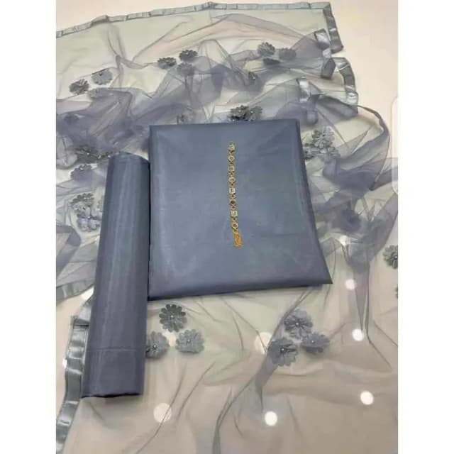 Shah Kamal Fabrics 3 Piece Unstitched Suit for Women - Katan Silk Plain Shirt, Trouser, and Net Dupatta in Gray