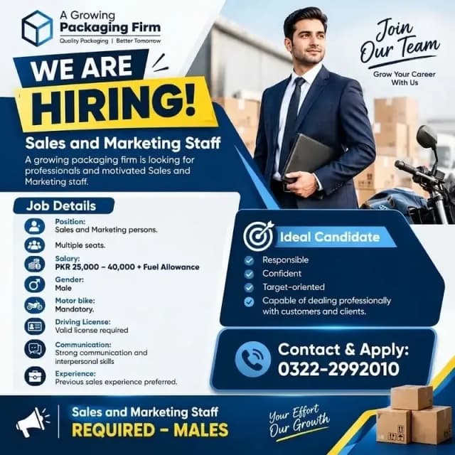 Sales and Marketing staff Required – Males.