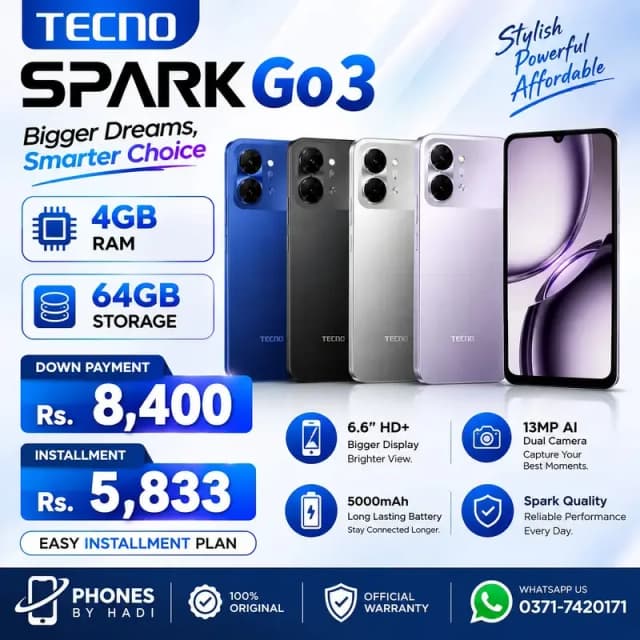 Tecno Spark GO 3 ( 4/64GB ) Available On Easy Installment Plan