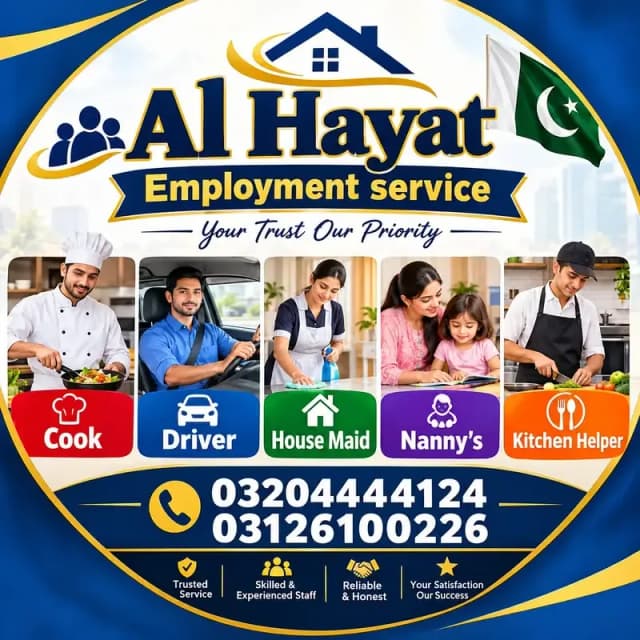 Cook ,Chef, Patient Attendants ,Maids ,Driver , babysitter, Nurse