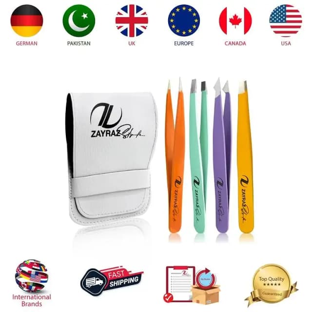 Zayraz Style Professional Tweezers Set - Pack of 4 Stainless Steel Tools for Eyebrow, Facial Hair, and Splinter Removal with Leather Case.