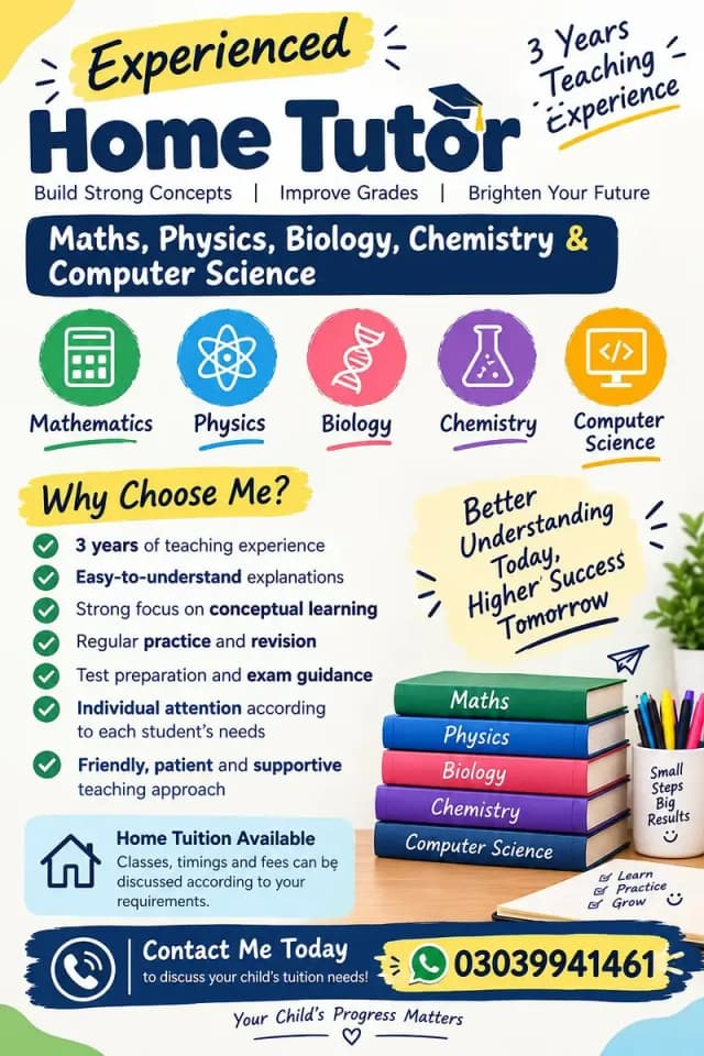 Experienced home tutor | Maths , Computer , Physics