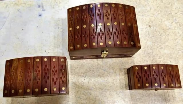 Set of 3 Wooden Jewelry Boxes with Brass Coating for Home Decor