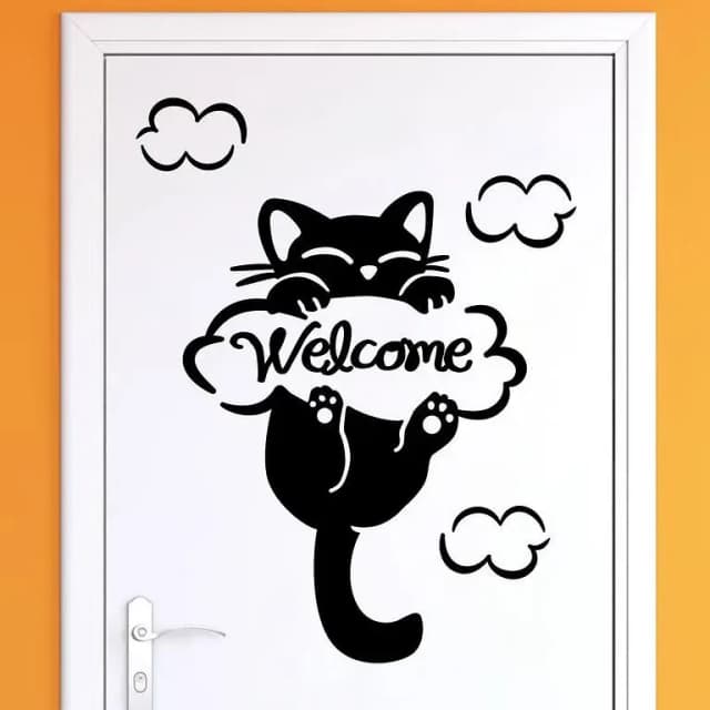 Wall decal door Welcome cat (12 by 18 inches)