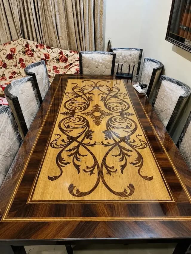 Dining Table, 8 Chairs, Sheesham Wood, Glass Top, New