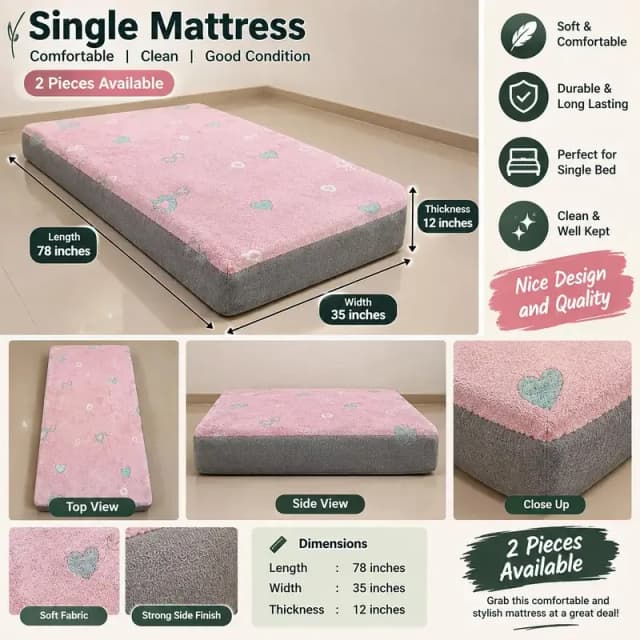 Pink Single Mattress – 78 × 35 × 12 Inches | 2 Pieces Available  |
