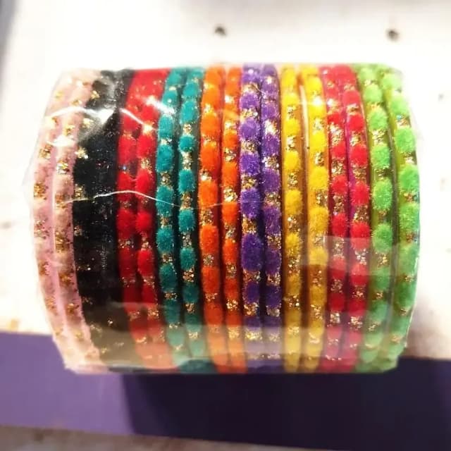 Set of 24 Multicolored Velvet and Glass Bangles (Standard Size: 65 mm / Sawa Do)