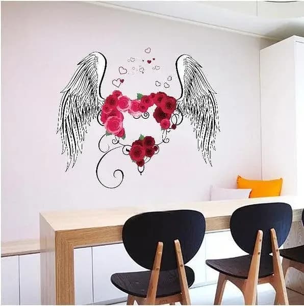 Colorful 3D DIY Feather Wall Stickers with Love Rose and Wings