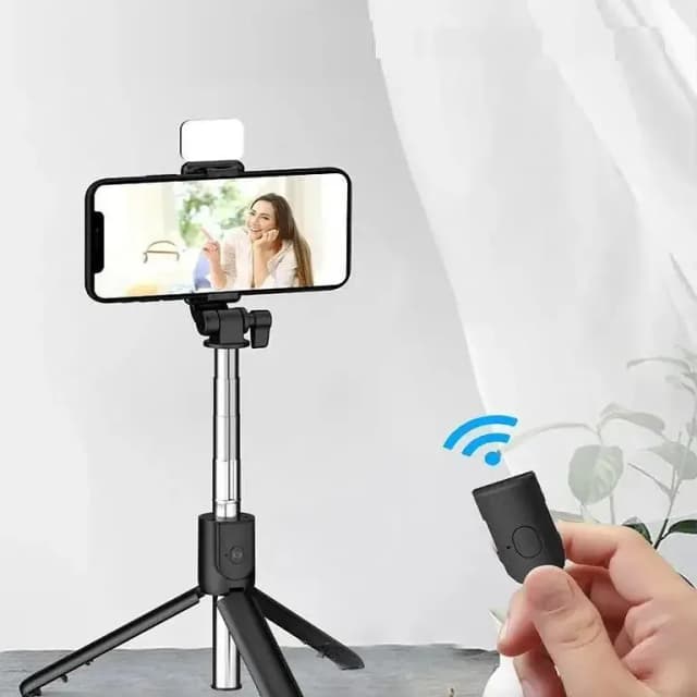 Wireless 4-in-1 Selfie Stick Tripod with Adjustable Heights (R1S/R1/JC16/JC16H) for All Phones, Includes Bluetooth Shutter and Light Options