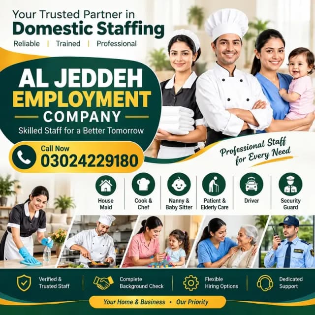 Cook, Chef, House maids, Baby Sitter, Patient Care, Driver, Nanny