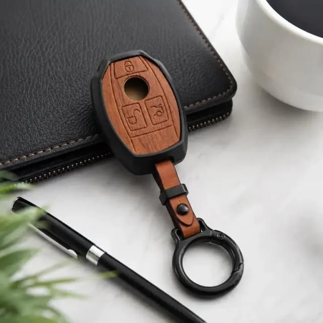 Mercedes Benz Premium Wooden Pattern Metal Key Cover with Keychain | Luxury Car Key Case Protector