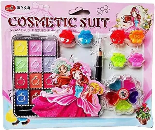 Girls Toy Cosmetic Make up Set - Eye Shadow Palette with Eyeliner Pencil, Glitter Lip Jelly & 6 Hair Clips - Set of 1 Pack- Multi Color