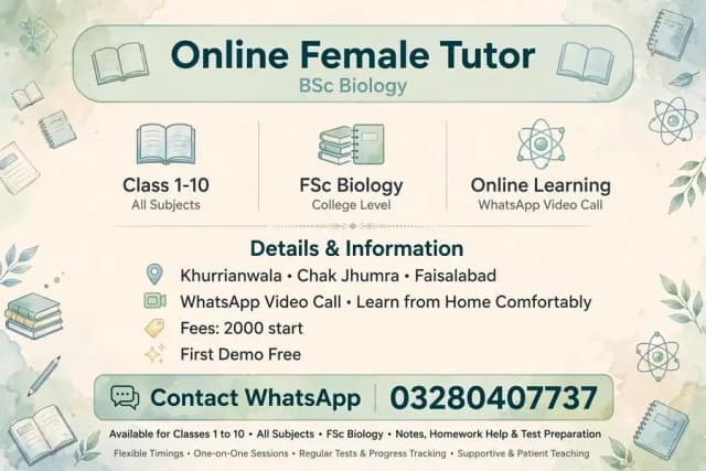BSc biology female teacher-online tuition khurrianwala -Class 1-10