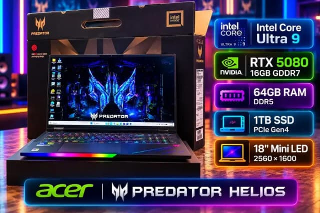 Acer Predator Helios,  Core Ultra 9, RTX 5080, 64GB/1TB, 18" Mini LED