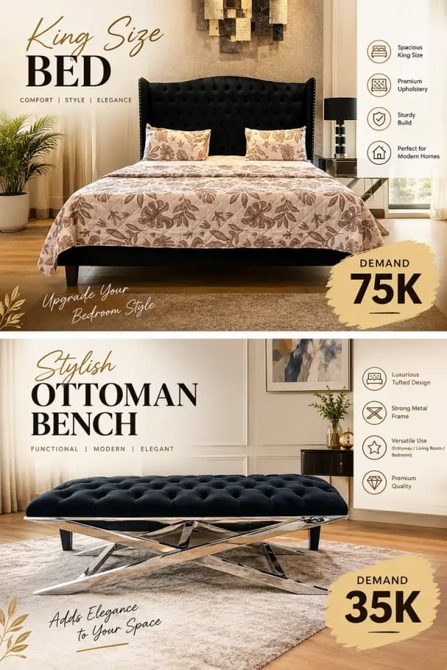 Luxury King Size  Black Suede Upholstered Bed - Ottoman Bench