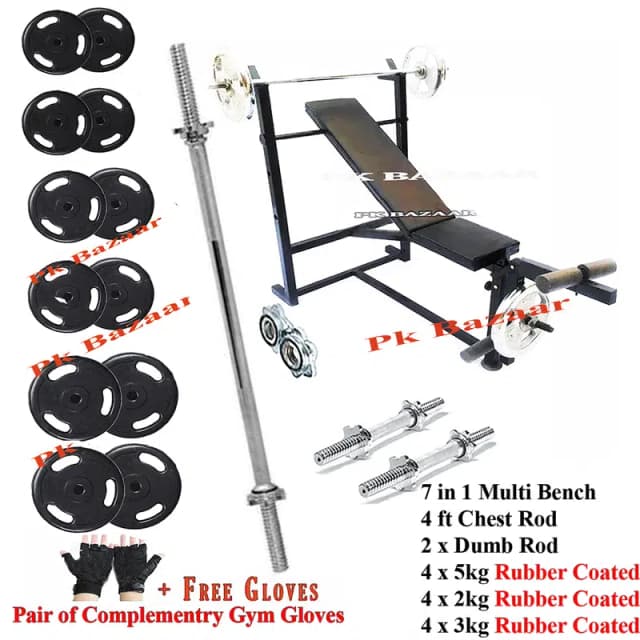 48kg Set 7 in 1 Adjustable Bench Press Rubber Coated Plates Dumbell