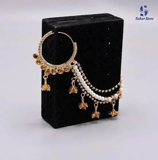 Utopia Bridal Golden Nose Nath with White and Gold Crystals