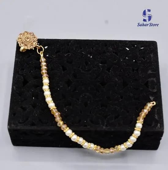 Ladies Nose Nath with Pearl Stone Line Chain in Metal Alloy - White and Golden Stone Design