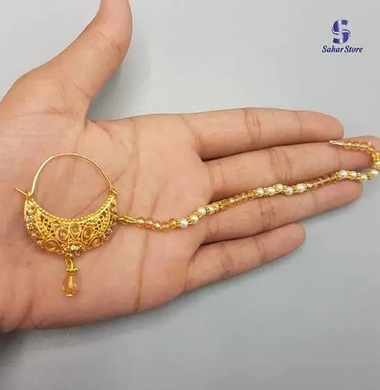 Golden Maharashtrian Nath with Pearls for Pierced Girls and Women