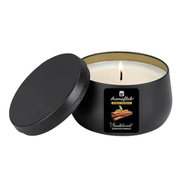 Sandalwood Scented Candle in Black Tin – Warm & Earthy Aroma