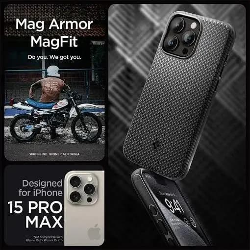 Spigen Mag Armor MagFit Phone Case for iPhone 15 Pro Max - Compatible with MagSafe, Matte Black