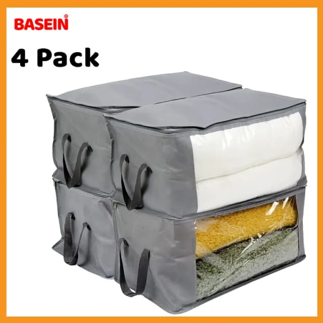 BASEIN Grip 4-Pack Clothes Storage Bags with Large Capacity, Reinforced Handles and Thick Fabric for Bedding and Under Bed Storage, Gray