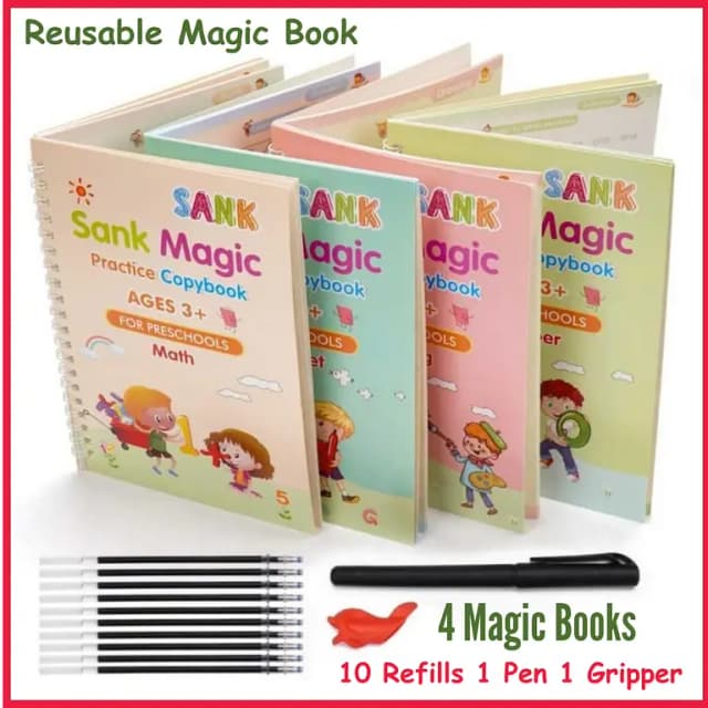 Sank Magic Practice Copybook Set: 4 Books, Magic Pen, and 10 Ink Refills for Montessori Children's Handwriting and Tracing Skills