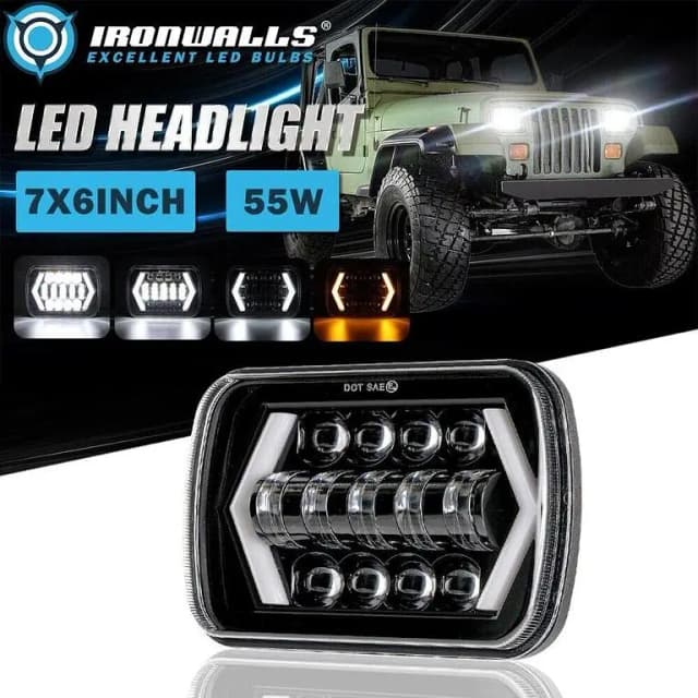 Jeep Wrangler 5x7 Square White Amber Headlights with Turn Signal and HI/LO Beam - 2 Piece Set
