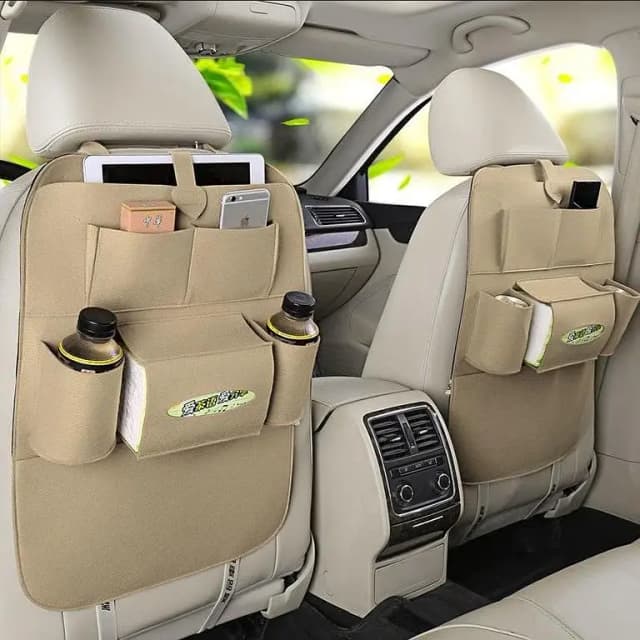 Car Seat Back Organizer and Kick Mats for Kids - Beige