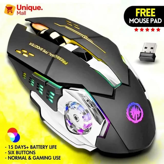 Premium Wireless Gaming Mouse RGB with 6 Buttons + Free Mouse Pad & 3-Levels DPI Control - Breathing LED Light 2.4G Optical Wireless Mouse with Side Buttons for PC Gaming, Laptop, Pubg, Mobil