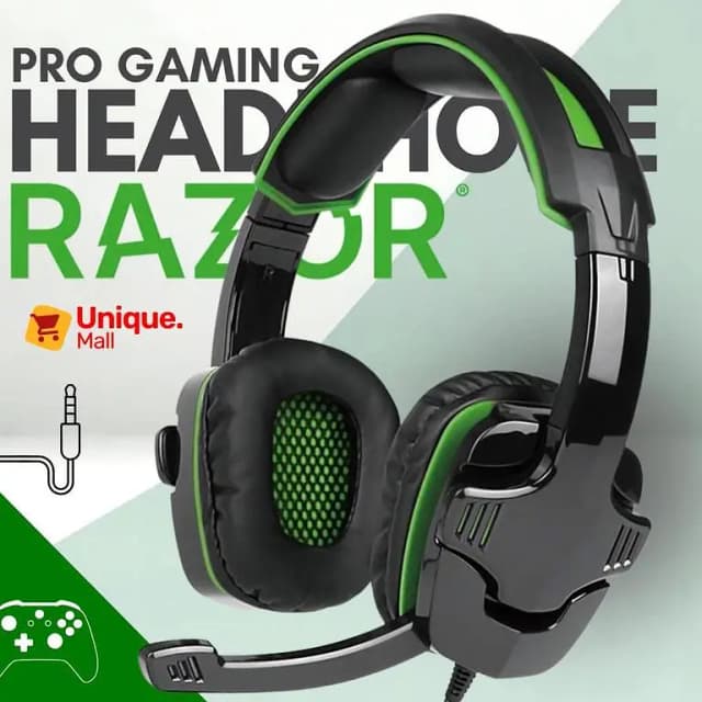 RAZOR Green Wired Gaming Headphones with Microphone – Over-Ear Stereo Headset for PC, PS4, Xbox, and Laptop – Deep Bass with Noise Cancellation