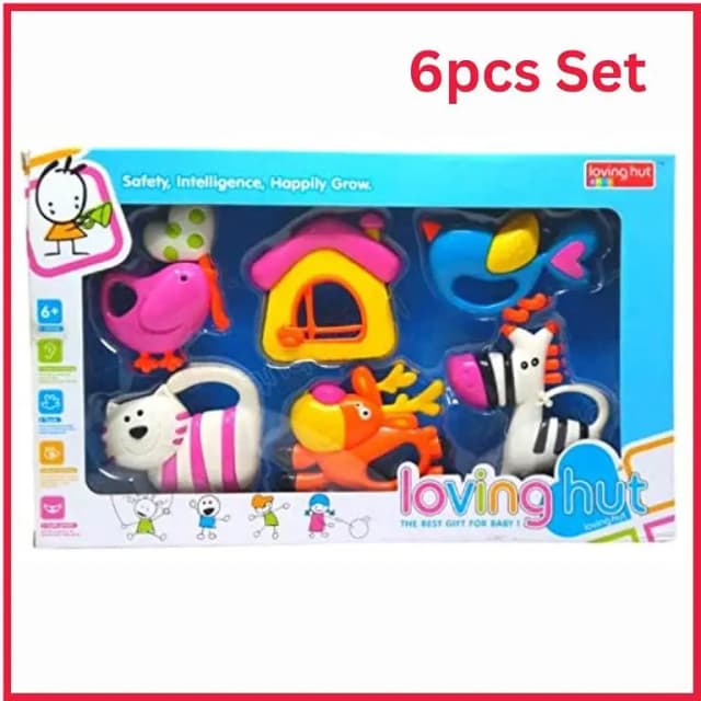 6Pcs Loving Hut Rattles Set for Baby - New Born Baby Toy Gift with Delightful Designs - Baby Teether