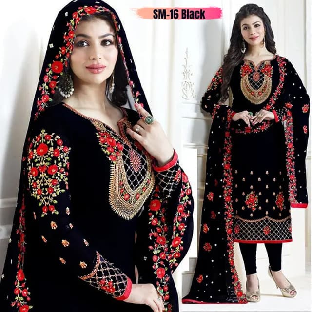 Women's Black 3-Piece Shalwar Kameez Set with Chiffon Embroidery (Model SM-16)